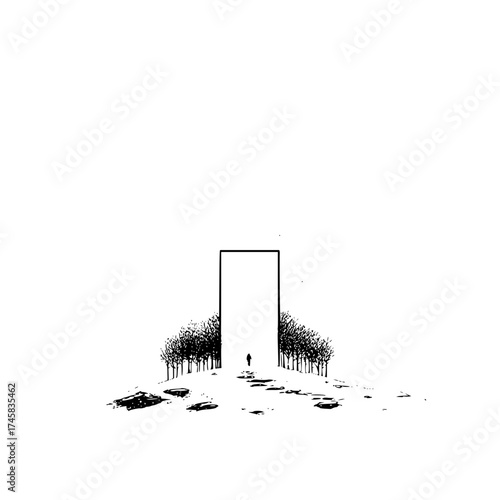 Minimalist black and white landscape art print of a person walking through a portal in a forest scenery design