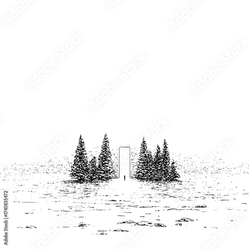 Minimalist winter landscape drawing with pine trees and monolith for art print and wall decor design