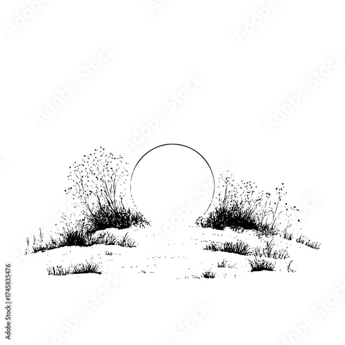 Minimalist landscape drawing circle portal nature illustration black and white scenic art design vector