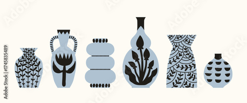 Ceramic vases set. Porcelain vase for flowers, pottery, floral and abstract patterns. Decorative vase. Ceramic pottery collection in flat style, decorated ornament vases, isolated on white background.