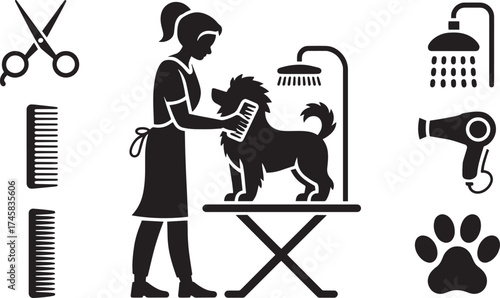 Dog groomer silhouette with grooming tools icons, pet salon service