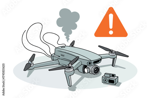 Damaged drone with warning sign indicating malfunction or problem with aerial vehicle isolated on white background