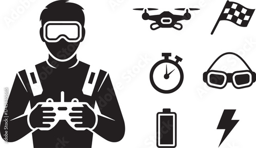 Drone racing pilot icon with remote, drone, flag, stopwatch, goggles, battery, lightning