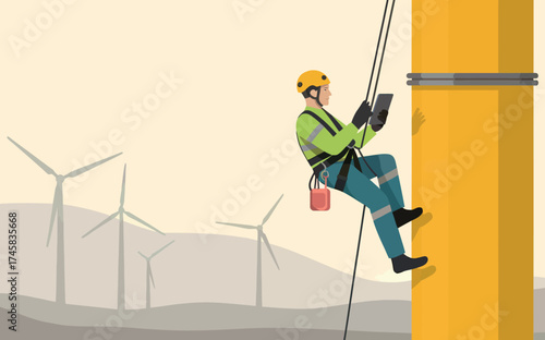 Skilled technician performs aerial inspection on wind turbine maintenance work for renewable energy sector safety isolated on white background