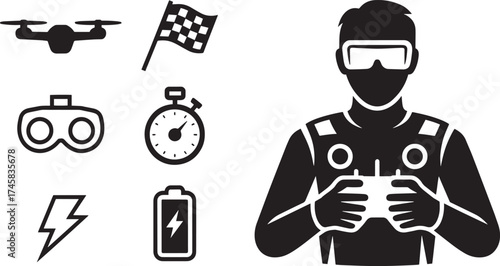 Drone racing pilot silhouette with remote control, drone, stopwatch, battery, flag, VR goggles