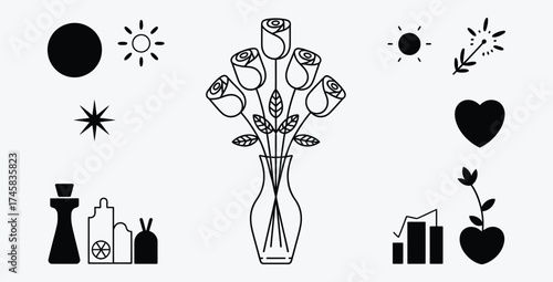 Black and white illustration of various objects including roses and heart