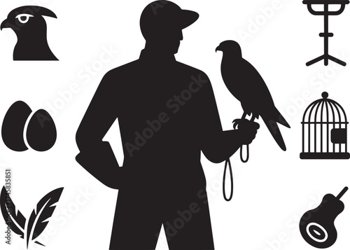 Falconry vector black icons set, falconer with falcon, birds of prey, hunting equipment