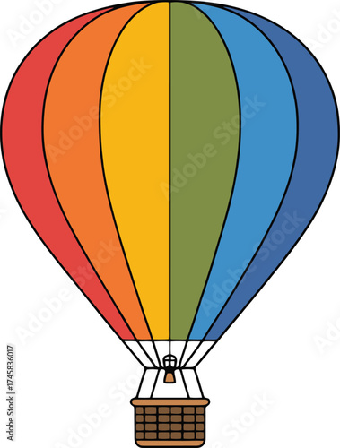 Hot air balloon colorful with basket isolated on transparent background, vector illustration