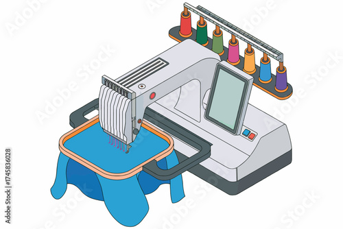 Creative sewing machine and craft supplies for fashion design and hobbies isolated on white background