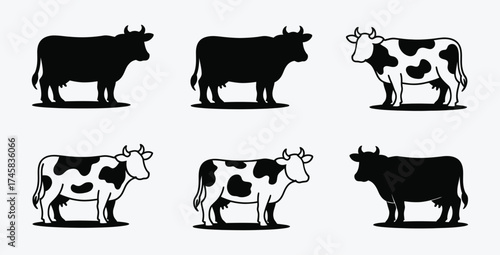 Collection of cow silhouettes and outlines in black and white design