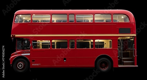 Classic London red double decker side view vintage city bus long profile heritage style (Industry)