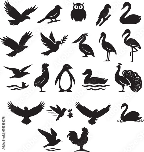 Diverse bird silhouettes collection featuring eagles swans pigeons pelicans flamingos penguins ducks and peacocks for creative design