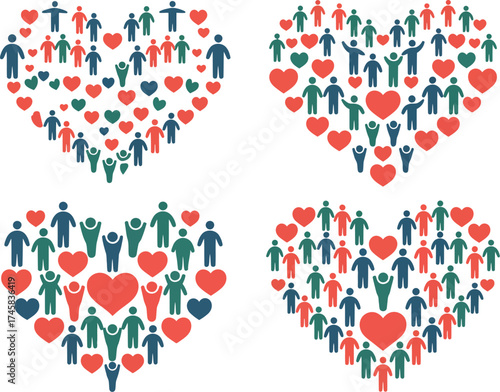 Heart shape made of people icons isolated on white background, love concept