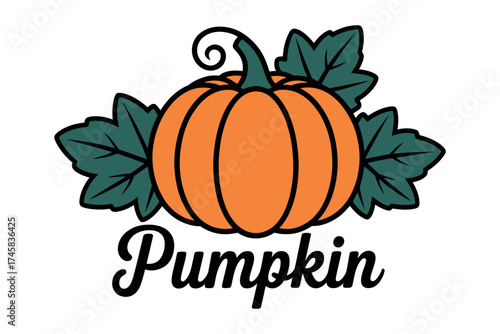 A cartoon illustration of a pumpkin with green leaves and the word pumpkin written below it