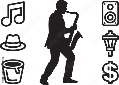 Musician playing saxophone silhouette set, street performer icons
