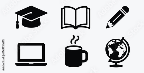 Education and learning icon set with graduation cap book and laptop
