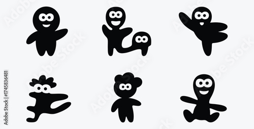 Funny abstract cartoon character vector silhouettes diverse collection black and white