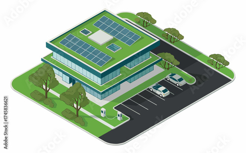 Modern eco-friendly building with solar panels green roof parking lot and trees isometric view isolated on white background