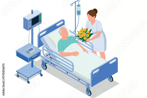 Caring nurse presents flowers to patient in hospital bed with medical equipment isolated on white background