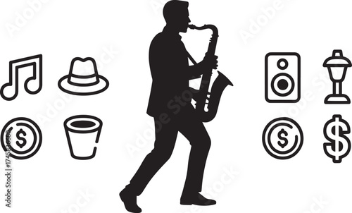 Saxophonist silhouette, saxophone player, sound speaker, dollar coins, hat, beaker, lantern