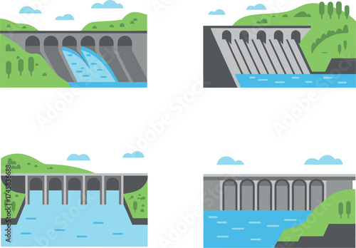 Illustration of dam with water flowing and green hills isolated on white background