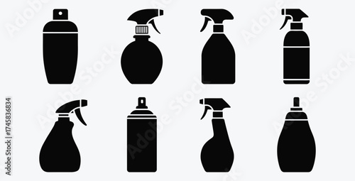 Variety of Black Spray Bottle Icons for Household Cleaning Products and Cosmetics