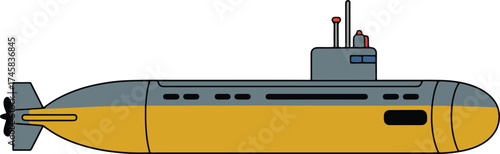 Submarine vector illustration isolated on transparent background, sea transport underwater vessel