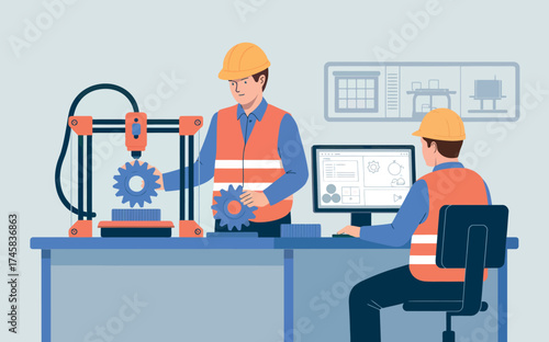 Engineers working together on advanced 3d printing technology for manufacturing and innovation projects isolated on white background