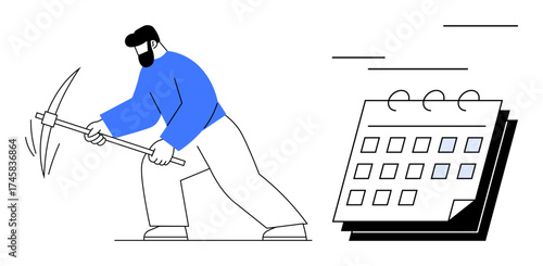 Man striking with pickaxe near calendar, highlighting effort, persistence, and time management. Ideal for productivity, deadlines, teamwork, planning hard work goal-setting achievement. Simple