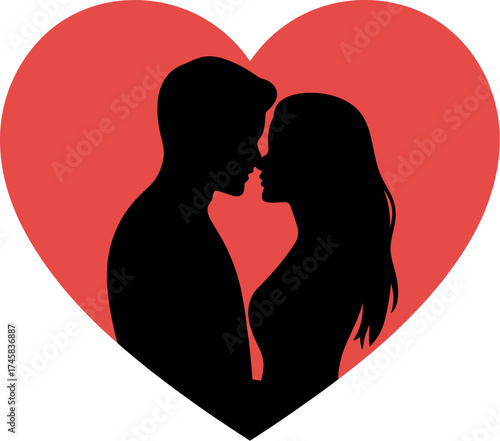 Silhouette of a couple in love inside a red heart isolated on white background