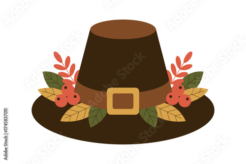 A cartoon illustration of a brown pilgrim hat decorated with leaves and berries on a white background
