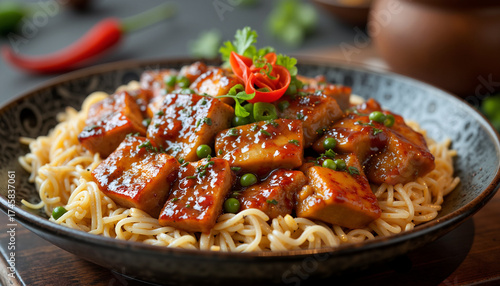 Suya dish with noodles and green peas served in a bowl  