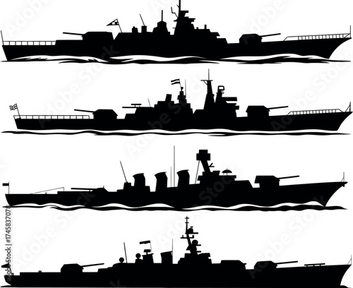 Silhouette of a warship fleet isolated on white background