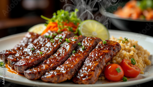 Grilled steak with vegetables and lime served on a white plate  