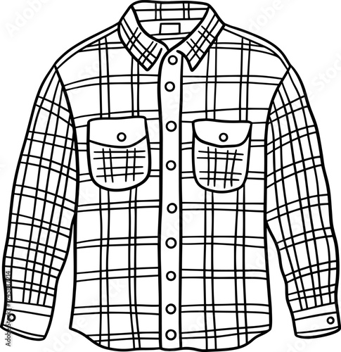 Hand drawn doodle vector illustration of a plaid flannel shirt with front buttons and chest pockets, created as a black and white coloring page.