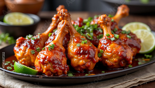 Tandoori chicken drumsticks served on a plate with lime and herbs  