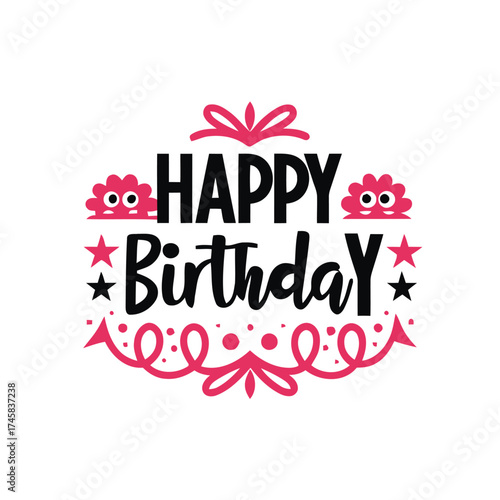 sits, black, flourish, stars, eyes, with, monsters, keywords:, party, illustration, event, fun, birthday", text, festive, invitation, pink, googly, card, lettering, celebration, background, flank, mis