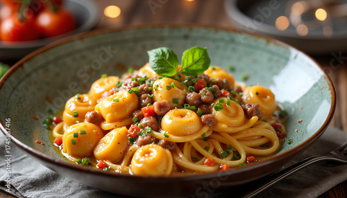 Tortellini pasta with meat sauce and herbs in a rustic bowl  