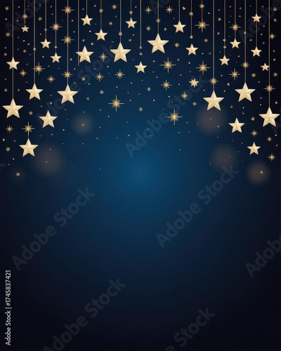 Elegant hanging gold stars on dark blue gradient with copy space — Christmas & New Year top-border background