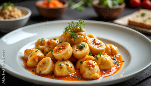 Tortellini served in tomato sauce on a white plate with garnish  