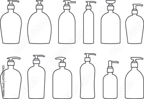 Collection of various outline cosmetic bottles isolated on white background