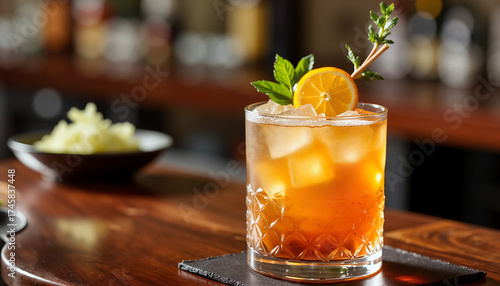 Whiskey Sour cocktail served in a glass with ice and garnished  