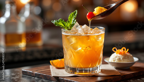 Whiskey Sour cocktail served with garnish on wooden bar table  