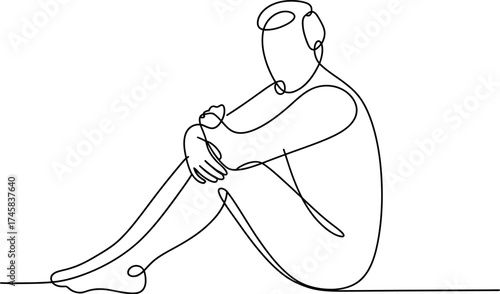 Continuous line drawing of a sad person sitting isolated on white background