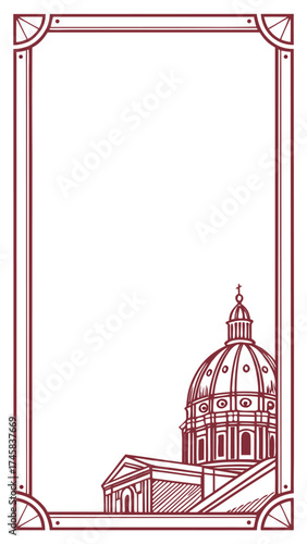 Architectural drawing of a dome building in a frame vector illustration for design element isolated 