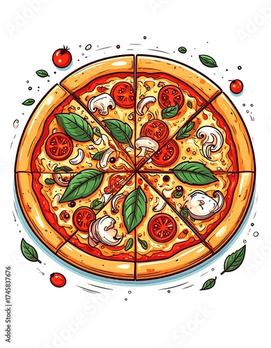 Illustration of a pizza with tomatoes, basil, and mushrooms