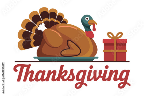 A thanksgiving illustration featuring a turkey on a platter and a gift box with thanksgiving text
