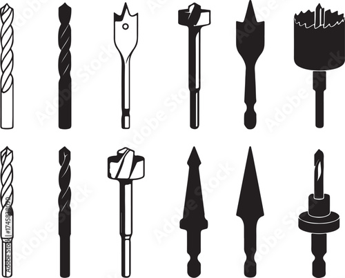 Collection of various drill bits and hole saws for wood metal and construction projects isolated icons