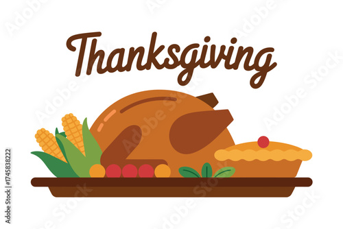 A thanksgiving illustration with a turkey, corn, pie, and the word thanksgiving written above it