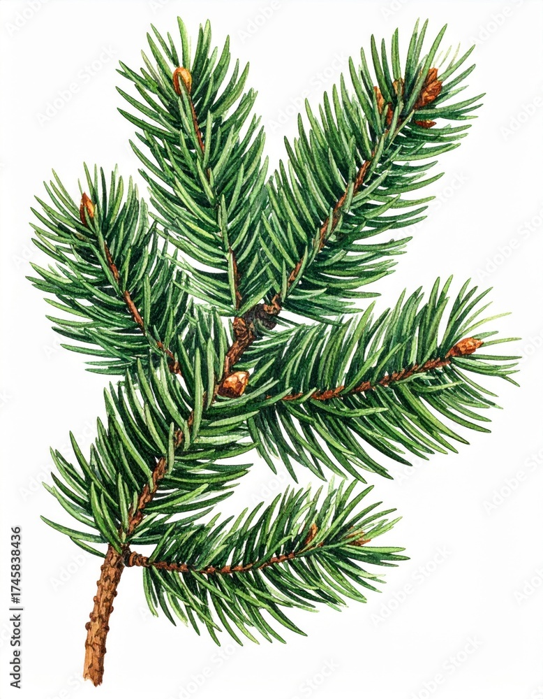 Obraz premium Watercolor Illustration of a Coniferous Spruce Branch with Short Needles on a White Background